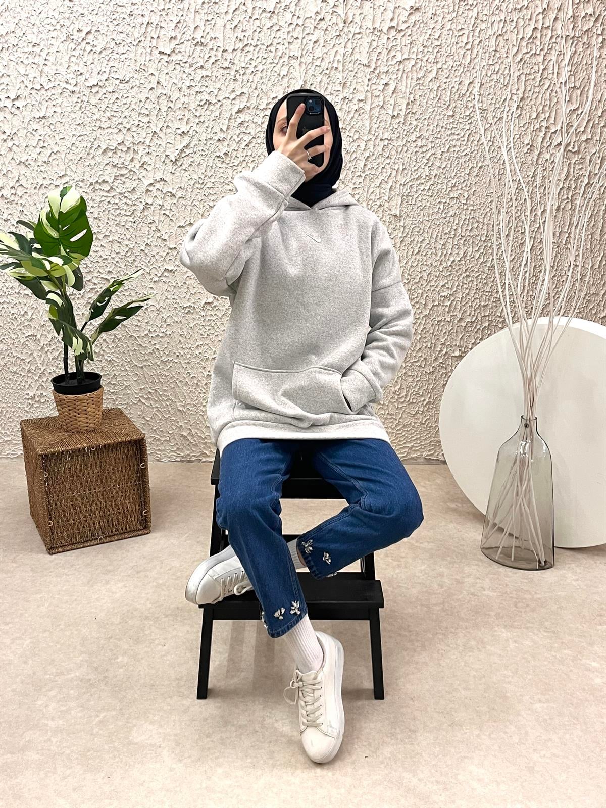mj kısa kanguru  önü işlemeli sweat gri