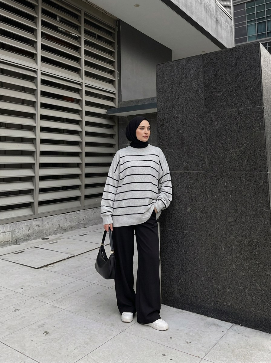 My Çizgili Triko Tunik Gri
