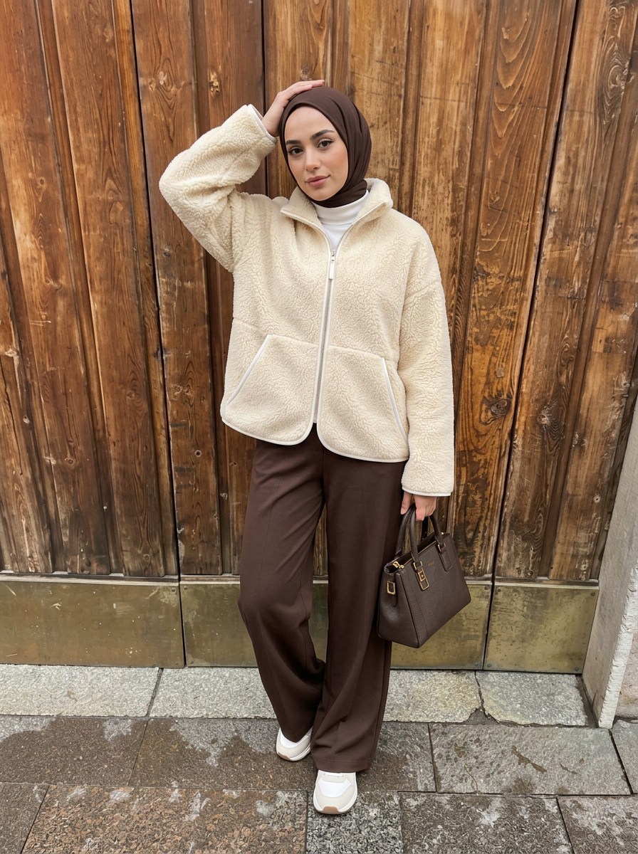 My Fermuarlı Düz Peluş Ceket Krem