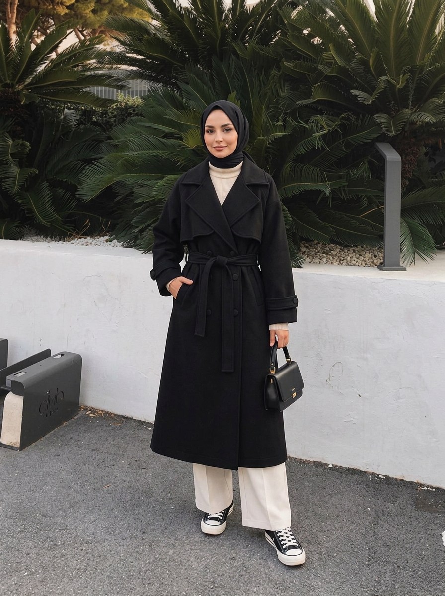 Vv Oversize Kapaklı 6 Düğme Kaşe Kaban Siyah