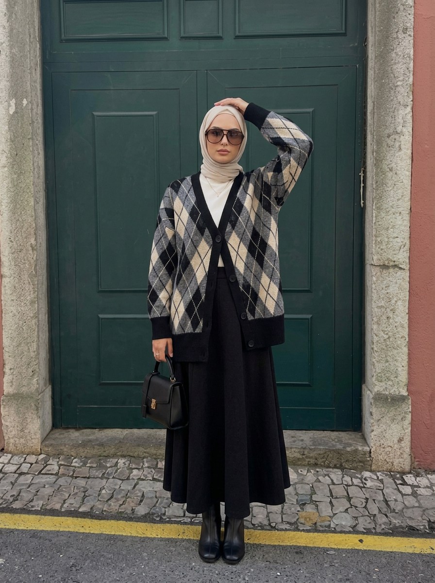 Yn Oversize Baklava Desen Hırka Gri