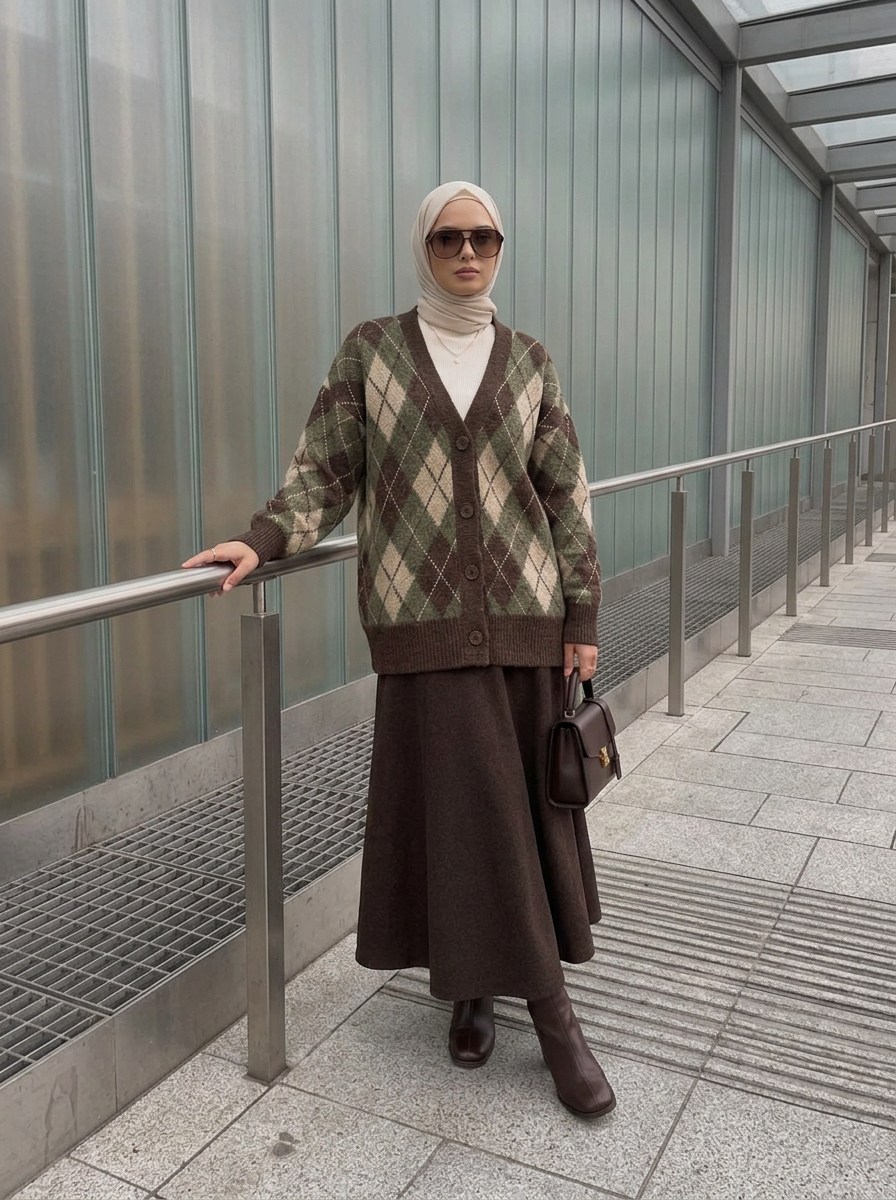 Yn Oversize Baklava Desen Hırka Yeşil