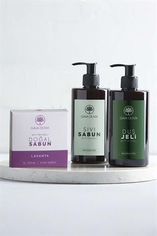 3'lü Doğal Bakım Seti - Mandalinalı ve Zeytinyağlı Sıvı Sabun ve Duş Jeli ile Lavantalı ve Zeytinyağlı Katı Sabun