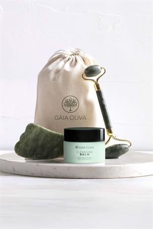 Temizleyici Balm, Yeşim Face Roller ve Gua Sha Masaj Taşı Seti