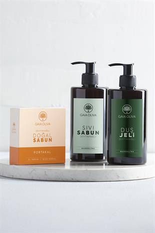 3'lü Doğal Bakım Seti - Mandalinalı ve Zeytinyağlı Sıvı Sabun ve Duş Jeli ile Portakallı ve Zeytinyağlı Katı Sabun