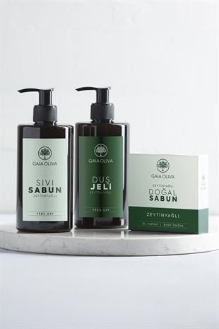 3'lü Doğal Bakım Seti - Yeşil Çaylı ve Zeytinyağlı Sıvı Sabun ve Duş Jeli ile Zeytinyağlı Katı Sabun