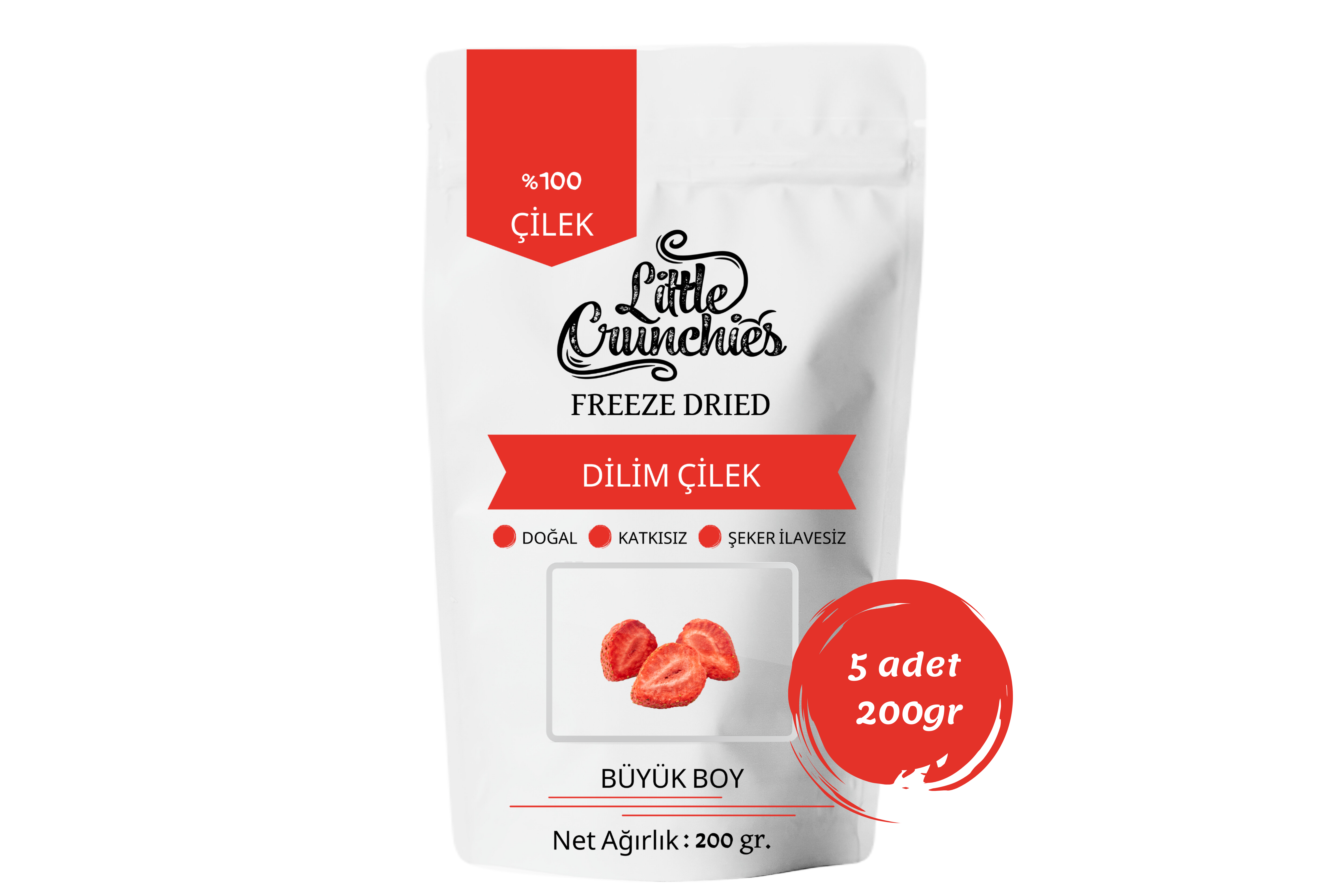 Freeze Dried Dilim Çilek - 1 Kg. - Büyük Boy - Dondurularak Kurutulmuş 5x200 Gr.