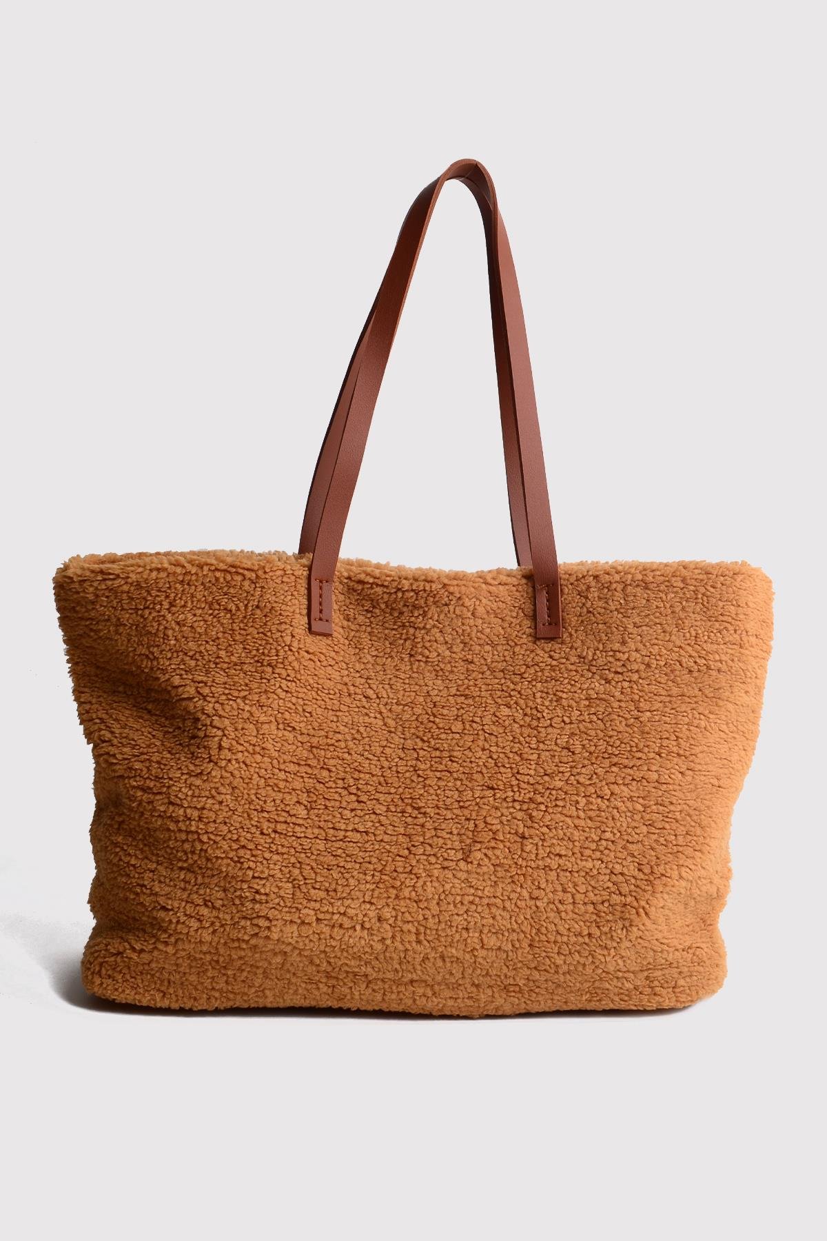 Bal Köpüğü Deri Saplı Peluş Tote Çanta