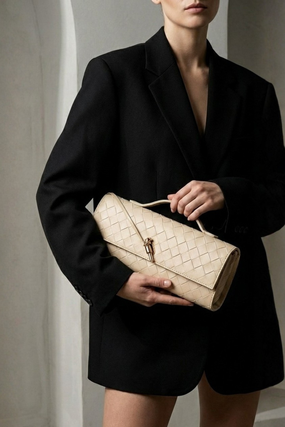 Bej Örgü Derili Portföy Clutch Çanta