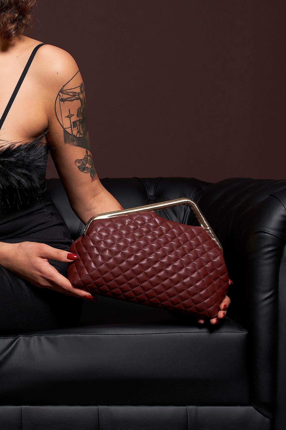 Bordo Kapitone Clutch Portföy Çanta