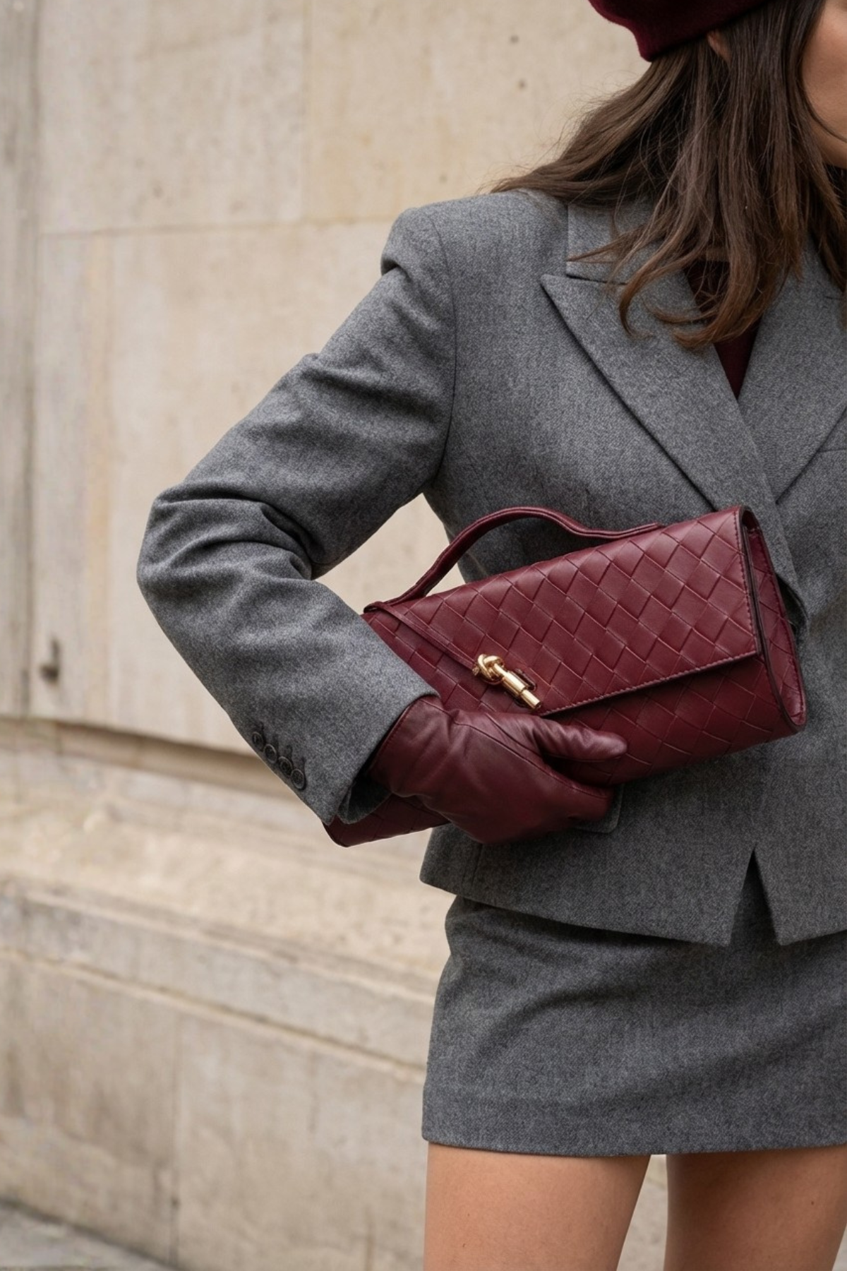 Bordo Örgü Derili Portföy Clutch Çanta