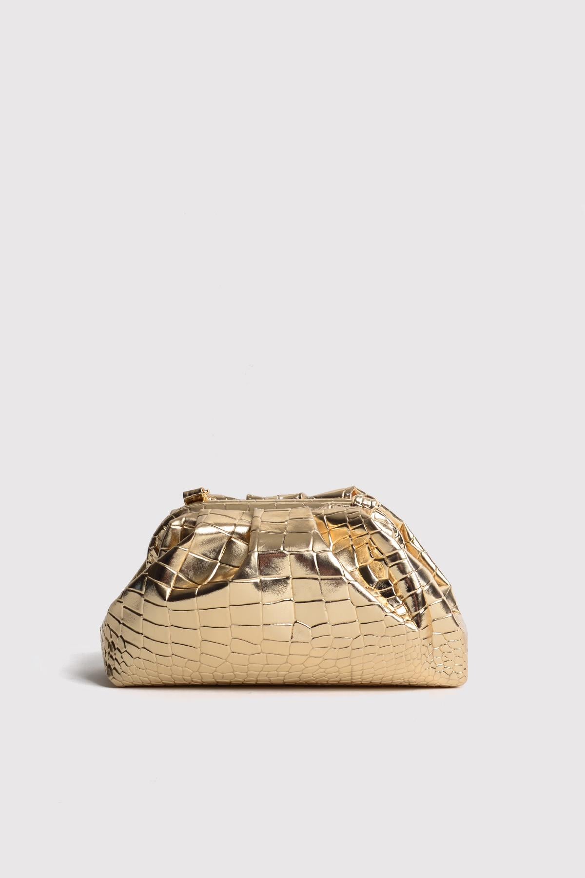 Gold Kadın Croco Desenli Metalik Deri Clutch Abiye Çanta