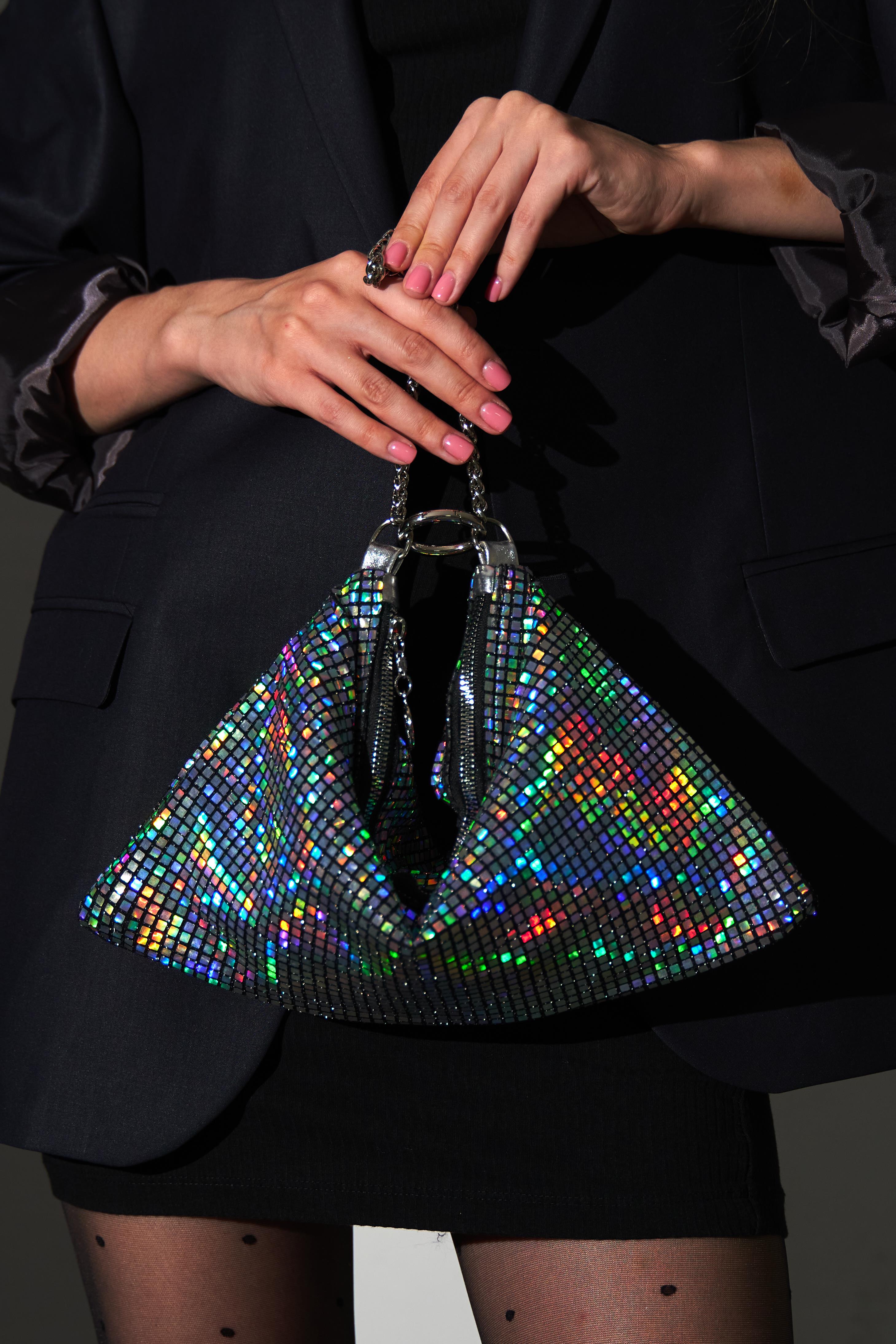 Gümüş Hologram Pul Payet Detaylı İki Şekilli Clutch Abiye Çanta