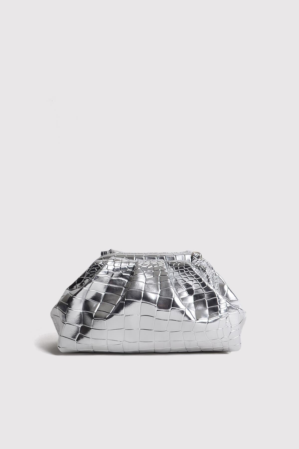 Gümüş Kadın Croco Desenli Metalik Deri Clutch Abiye Çanta