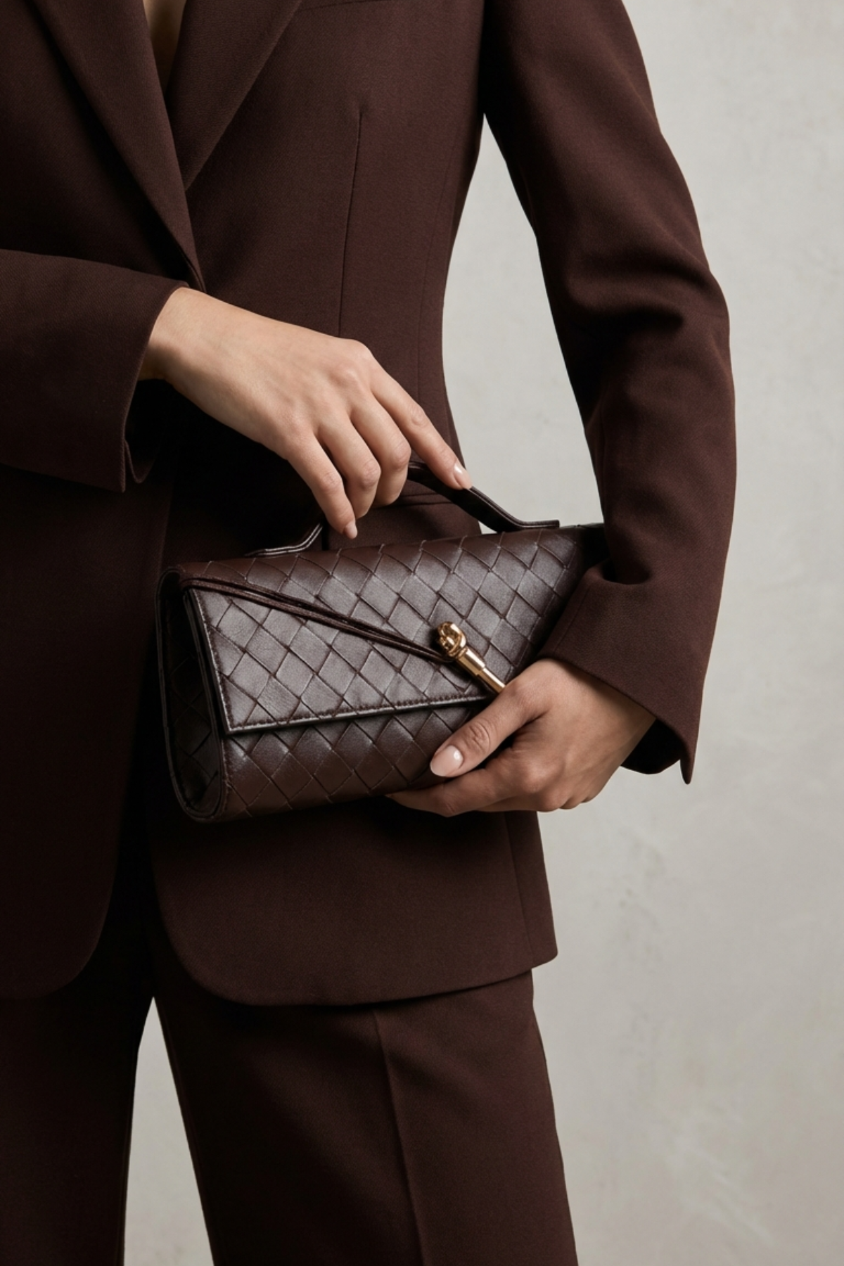 Kahverengi Örgü Derili Portföy Clutch Çanta