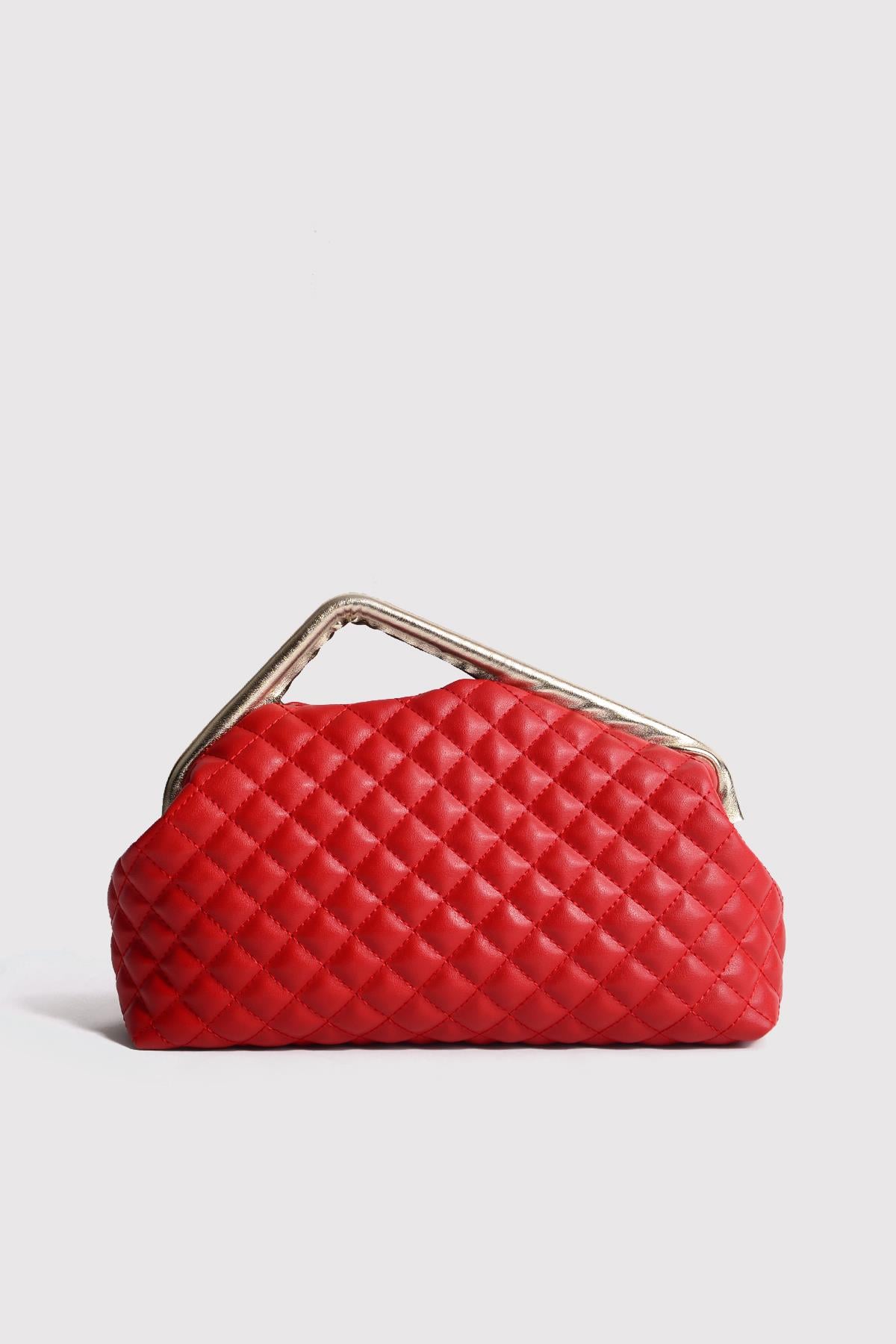 Kırmızı Kapitone Clutch Portföy Çanta