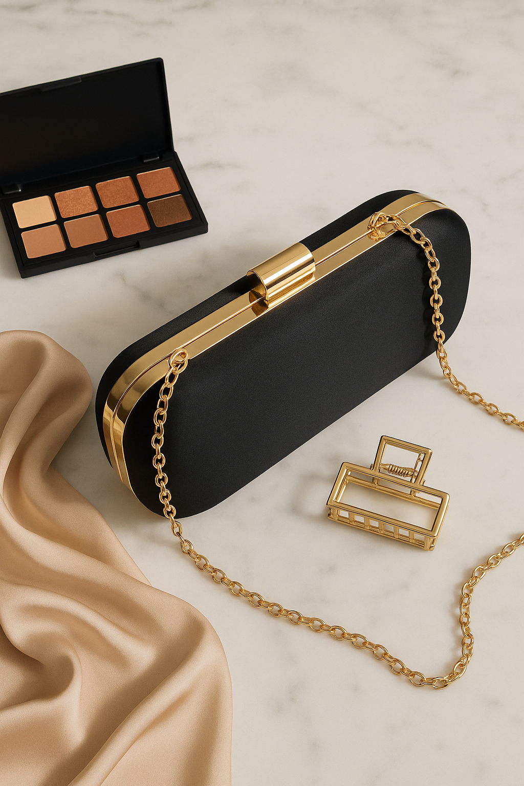 Siyah Kadın Saten Gold Kapaklı Clutch Abiye Çanta