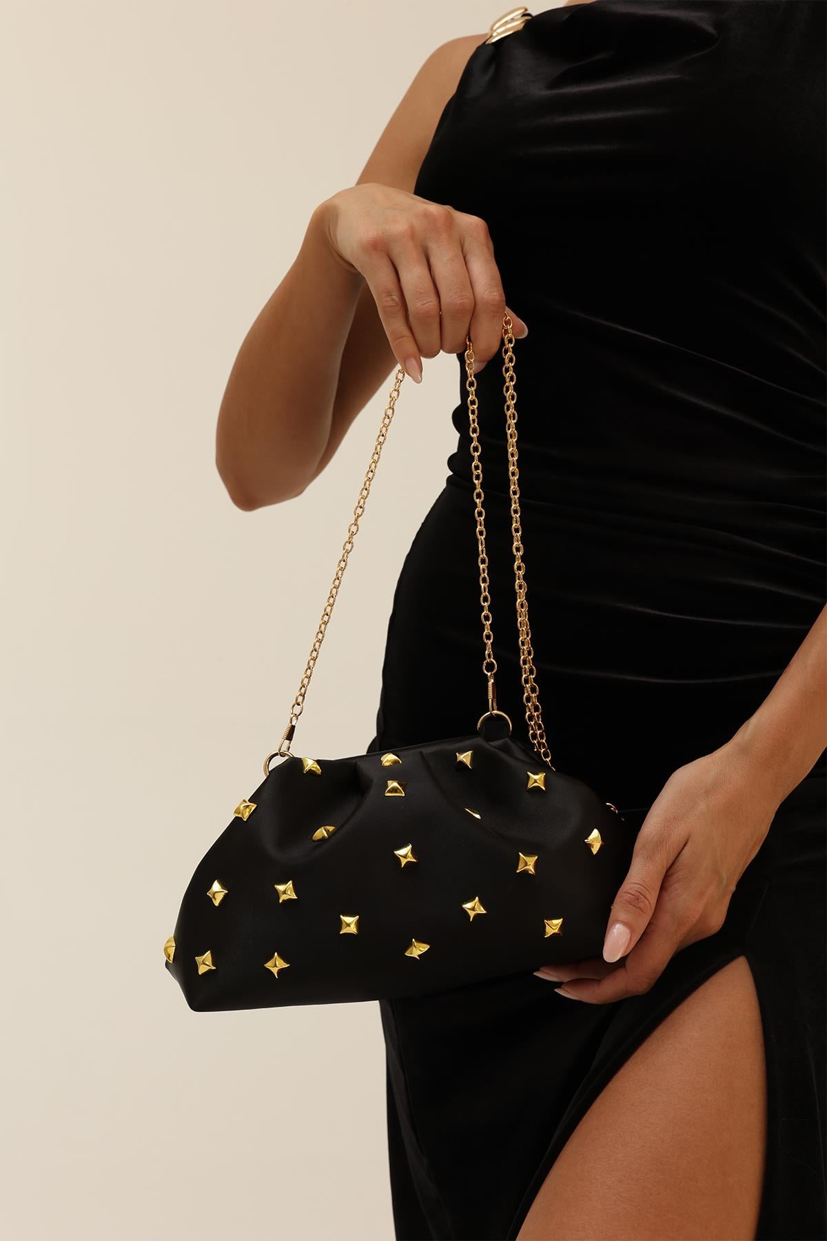 Siyah Kadın Saten Gold Taşlı Clutch Abiye Çanta