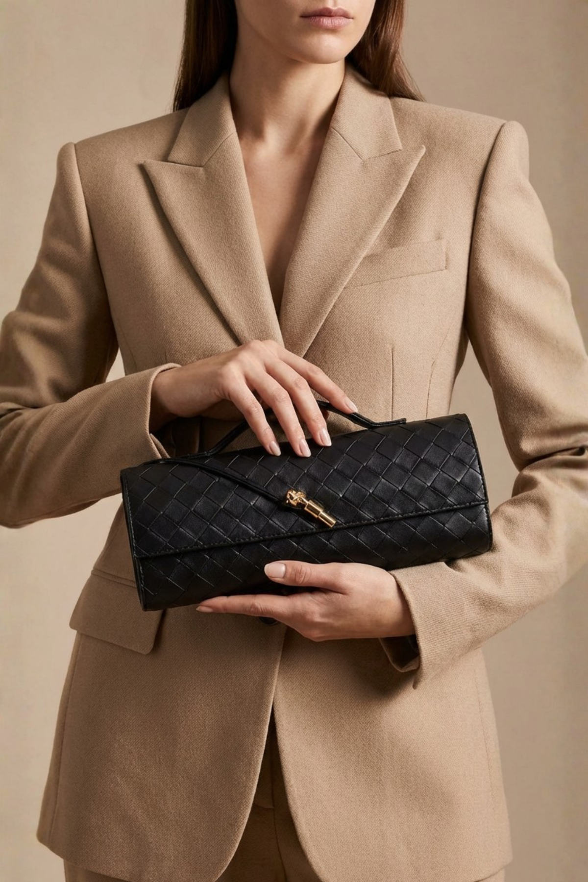 Siyah Örgü Derili Portföy Clutch Çanta