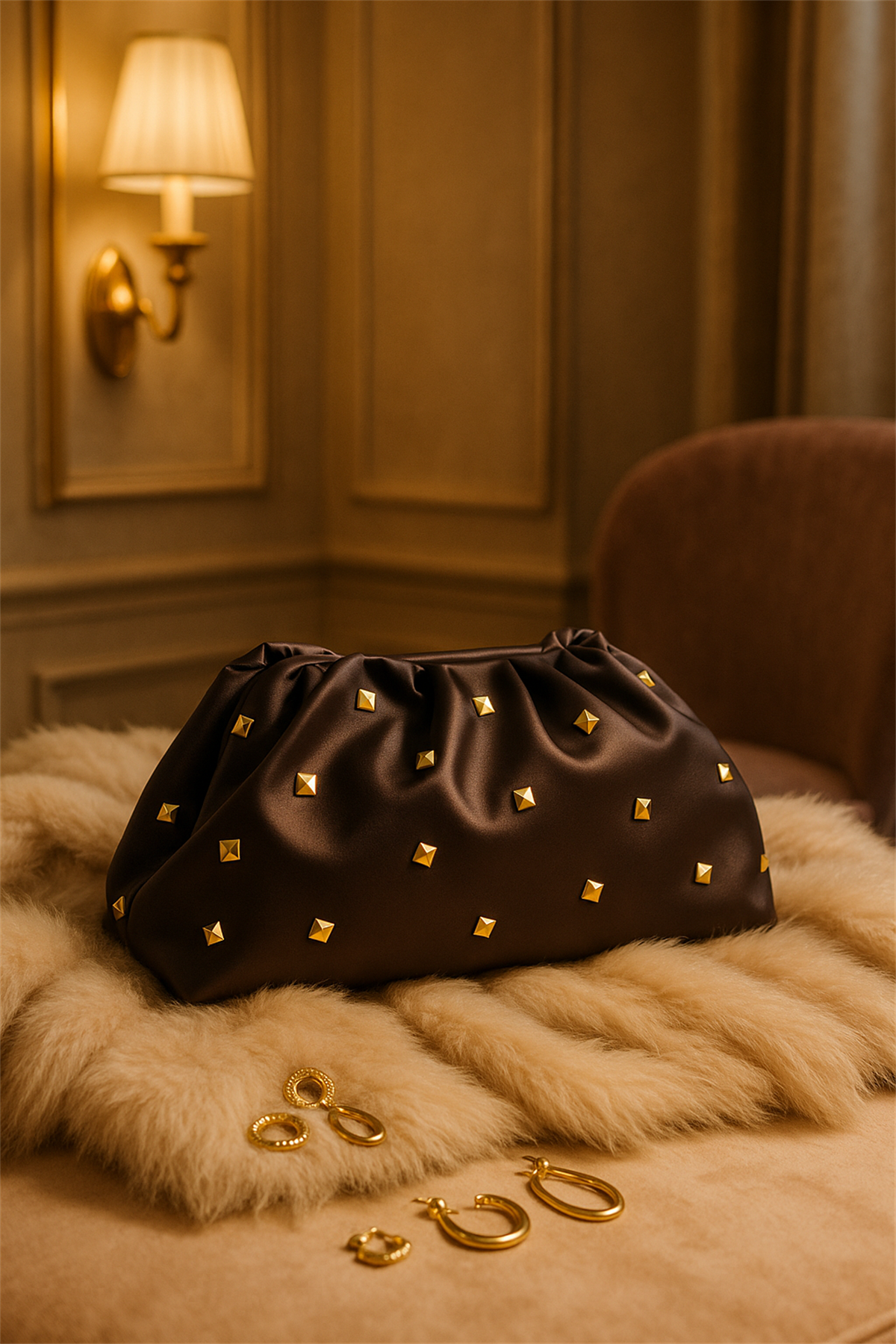 Acı Kahve Kadın Saten Gold Taşlı Clutch Abiye Çanta