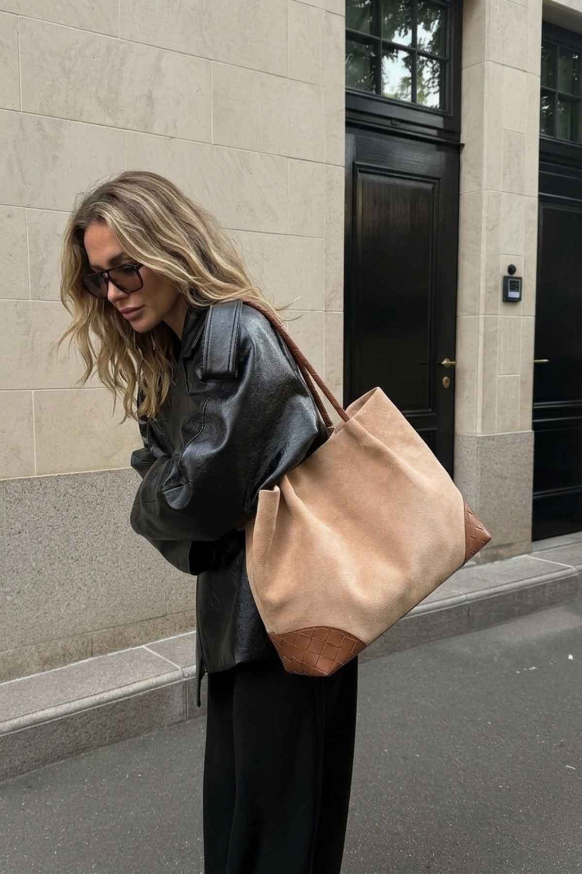 Camel Örgü Detaylı Süet Tote Çanta