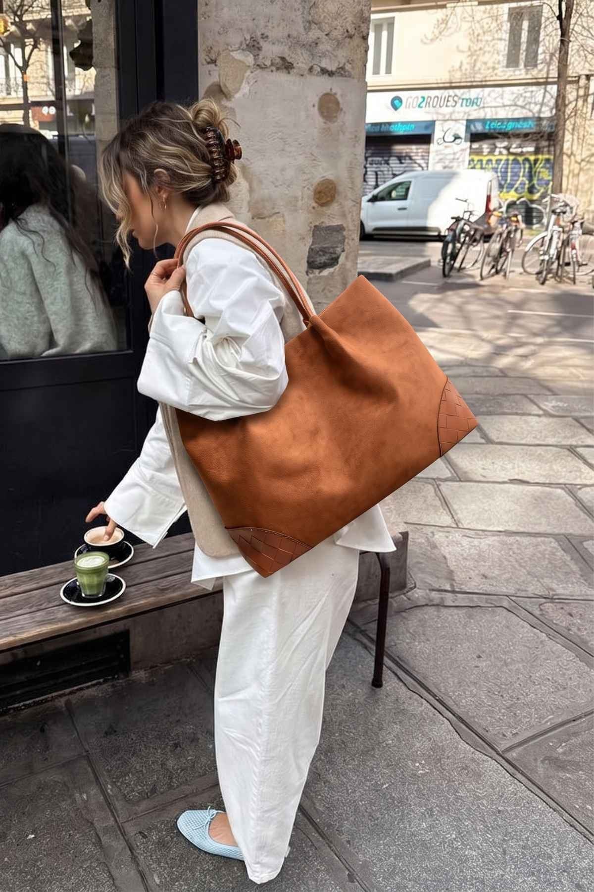 Taba Örgü Detaylı Süet Tote Çanta