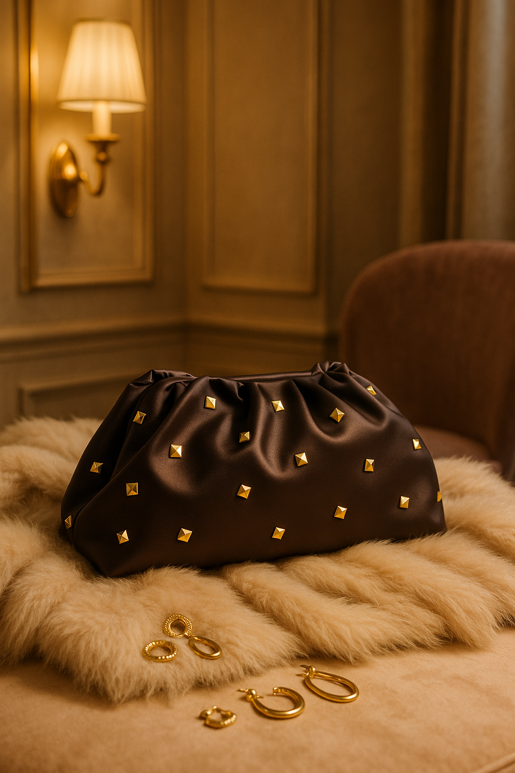 Acı Kahve Kadın Saten Gold Taşlı Clutch Abiye Çanta