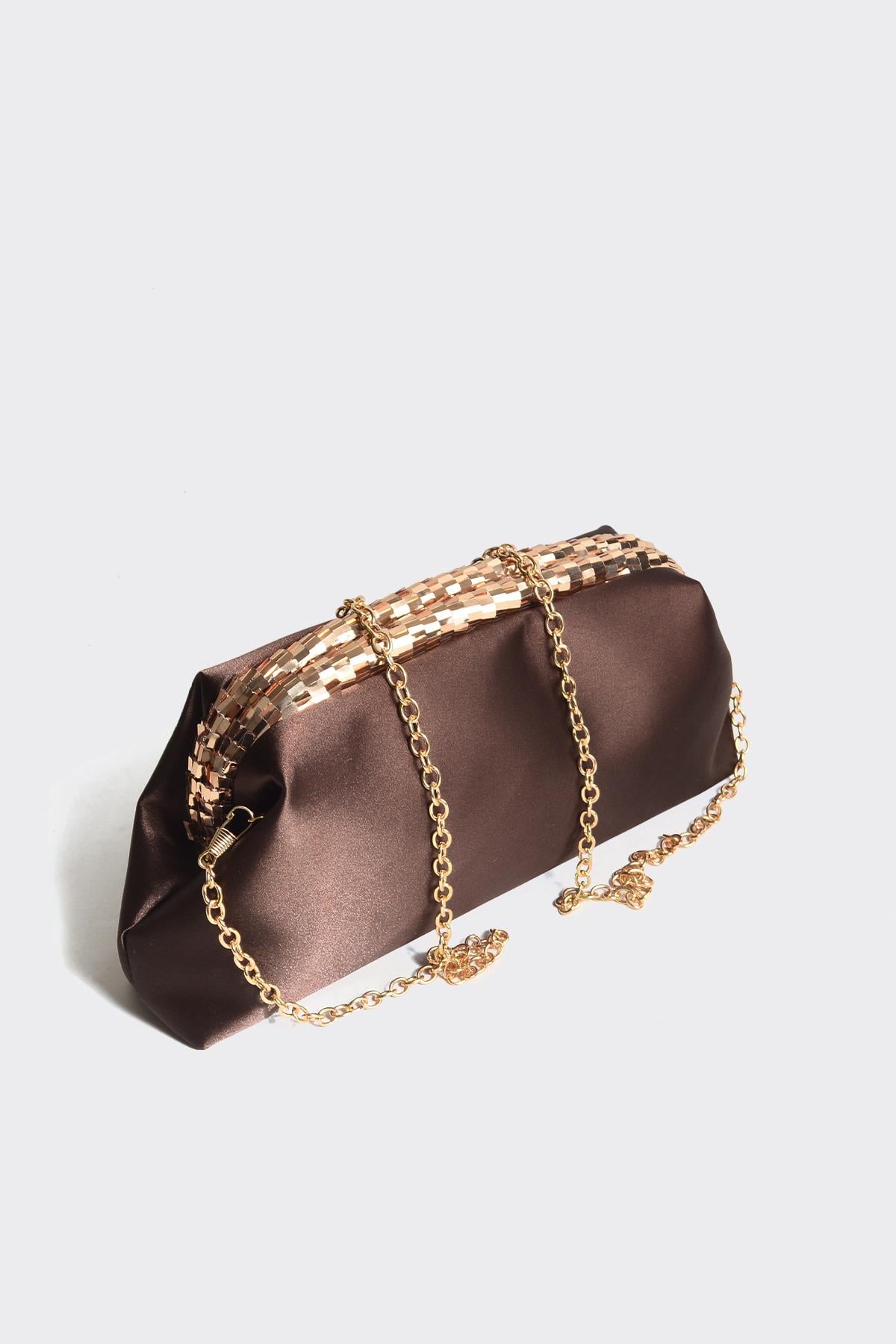 Acı Kahve Saten Gold Payet Detaylı Clutch Abiye Çanta