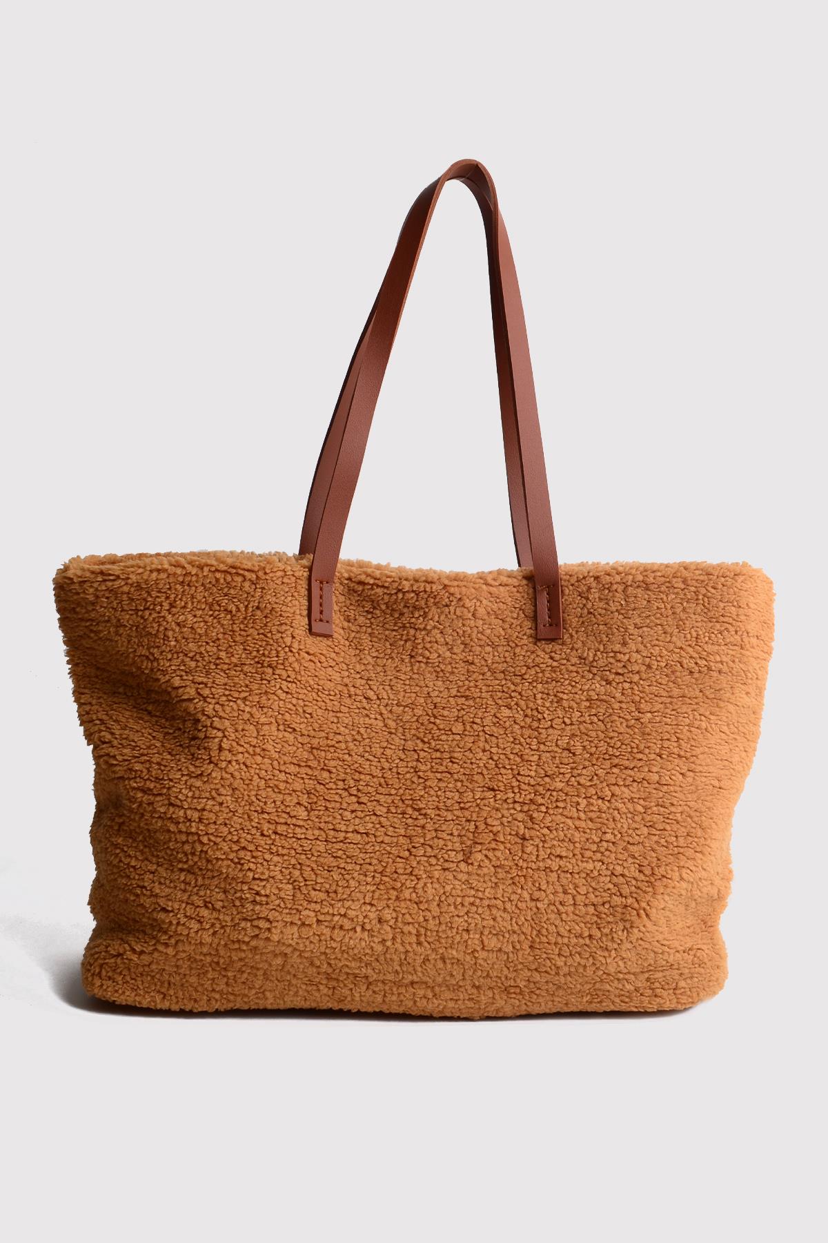 Bal Köpüğü Deri Saplı Peluş Tote Çanta