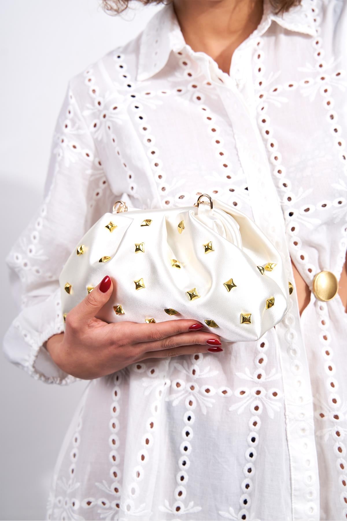 Bej Kadın Saten Gold Taşlı Clutch Abiye Çanta