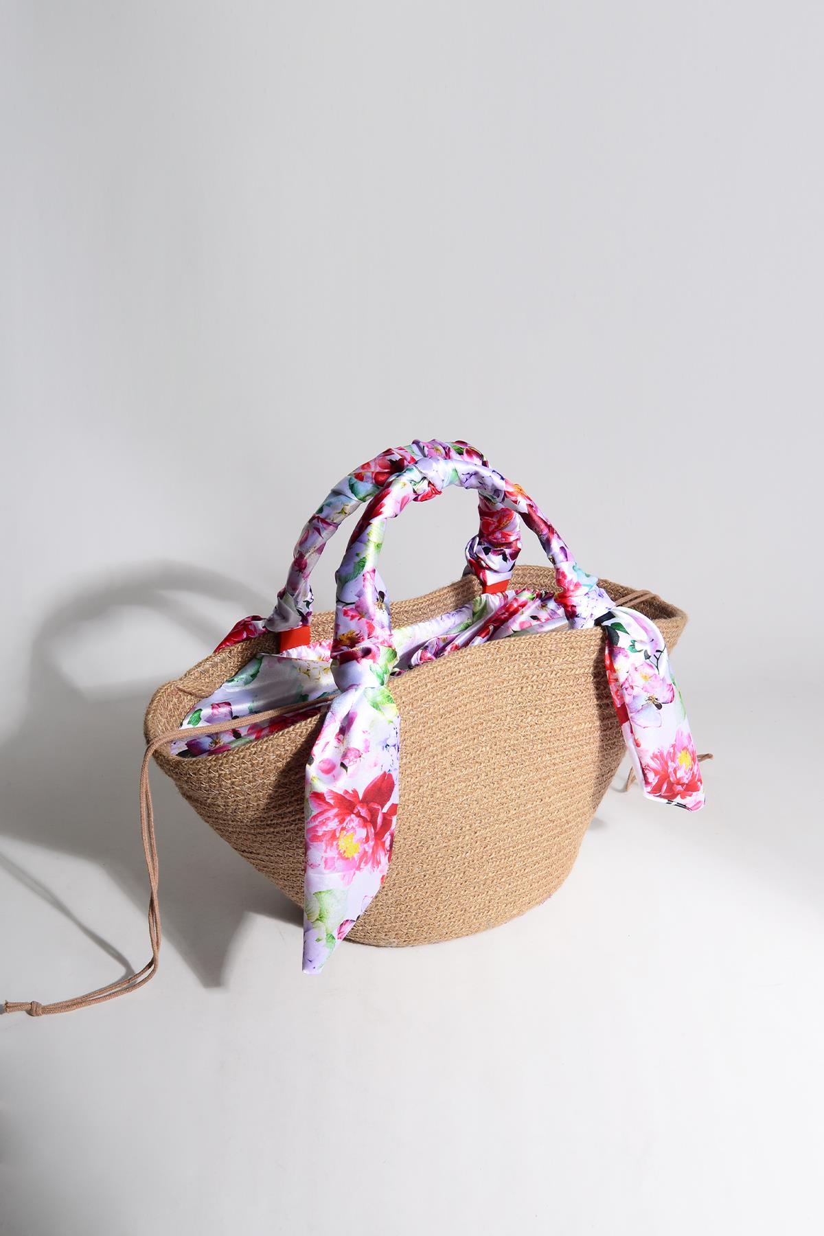 Çiçek Fularlı Orta Boy Jüt Hasır Çanta