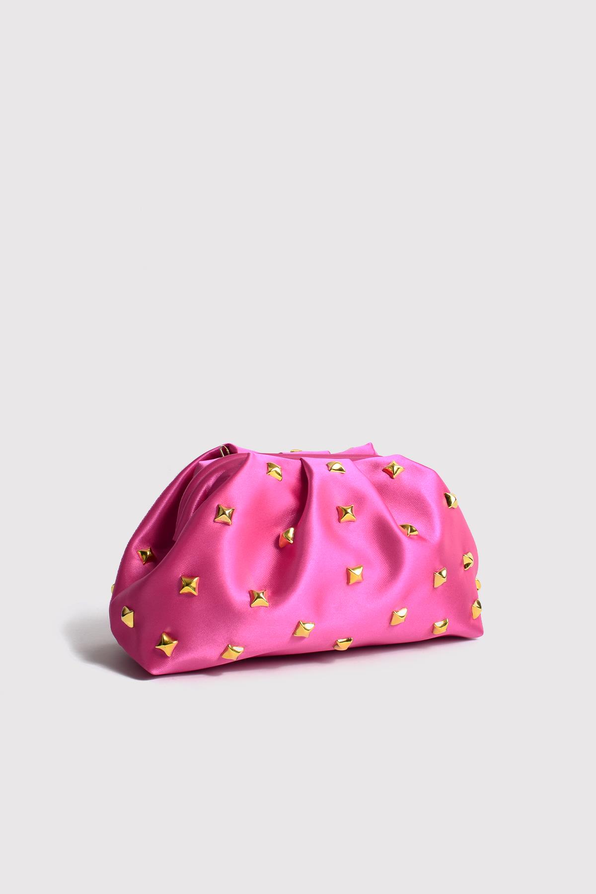 Fuşya Kadın Saten Gold Taşlı Clutch Abiye Çanta