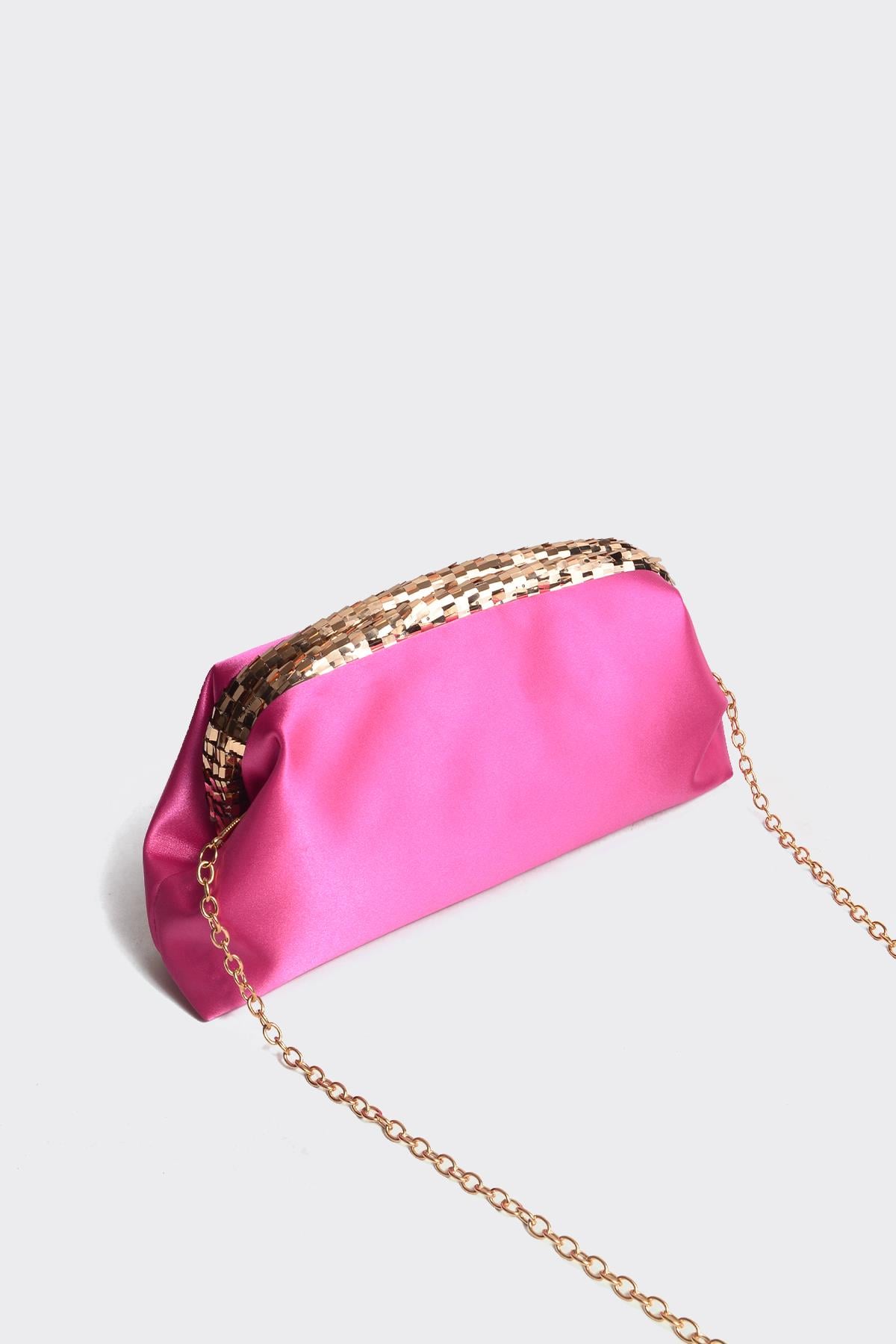 Fuşya Saten Gold Payet Detaylı Clutch Abiye Çanta