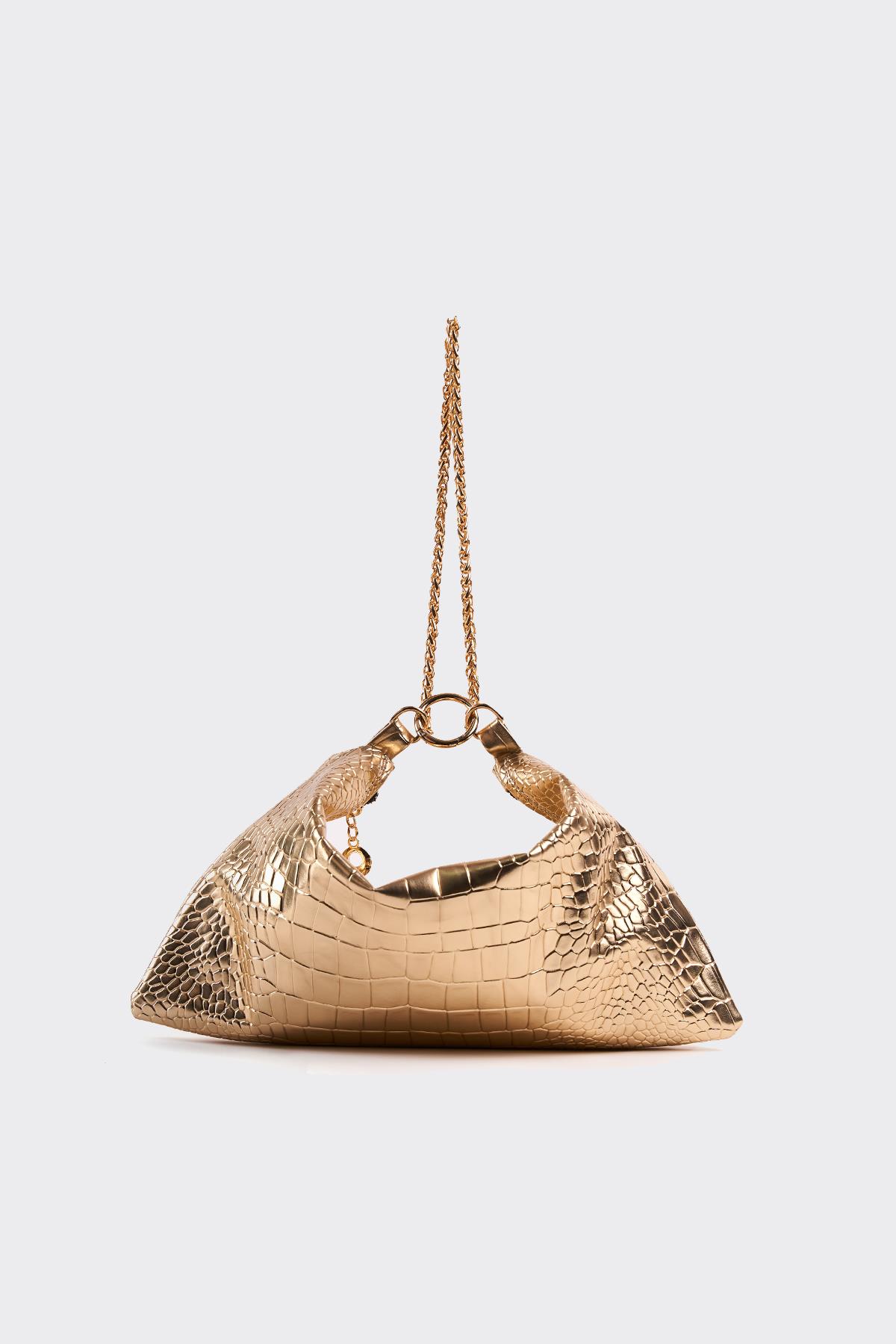 Gold Croco Desenli İki Şekilli Metalik Clutch Abiye Çanta