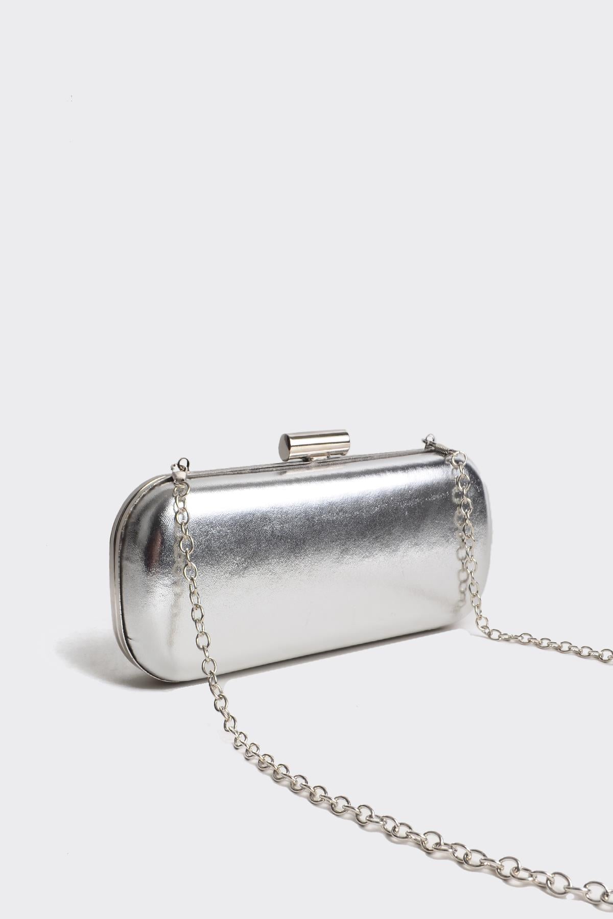 Gümüş Metalik Gümüş Kapaklı Clutch Abiye Çanta