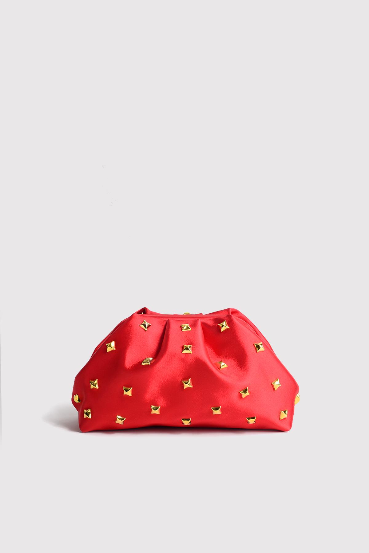 Kırmızı Kadın Saten Gold Taşlı Clutch Abiye Çanta