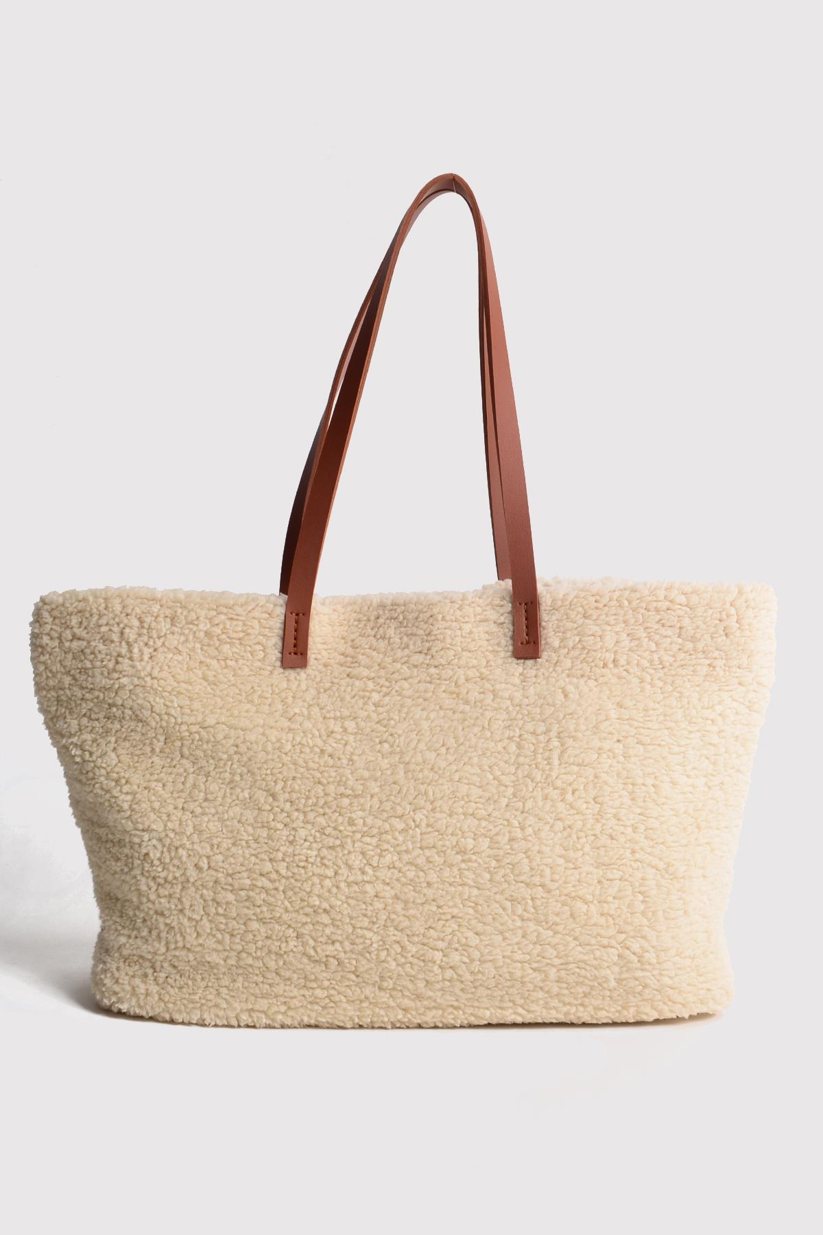 Krem Deri Saplı Peluş Tote Çanta