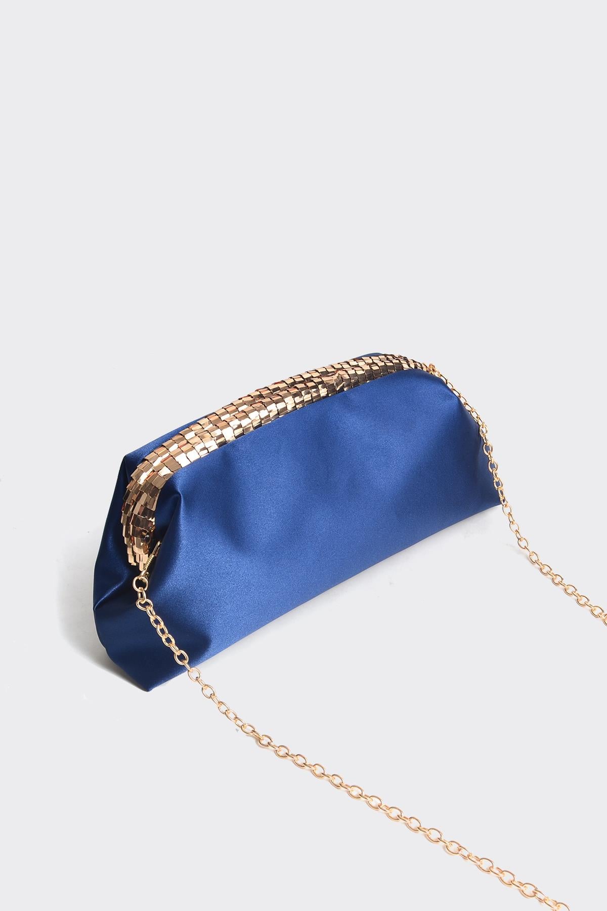 Lacivert Saten Gold Payet Detaylı Clutch Abiye Çanta