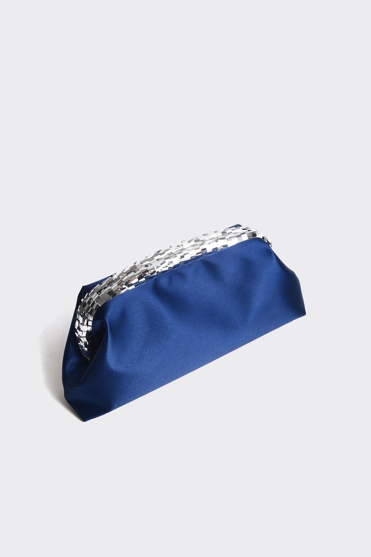 Lacivert Saten Gümüş Payet Detaylı Clutch Abiye Çanta