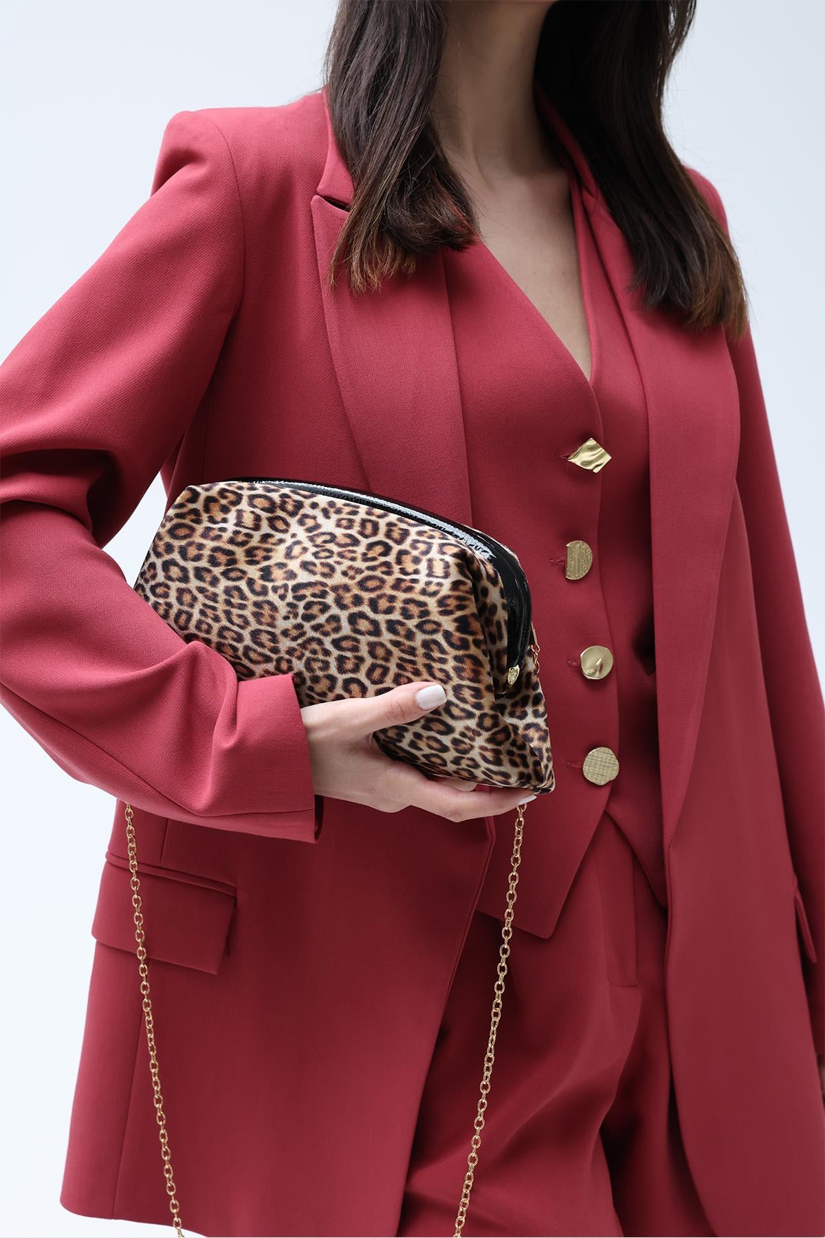 Leopar Desenli Zincirli Clutch Abiye Çanta
