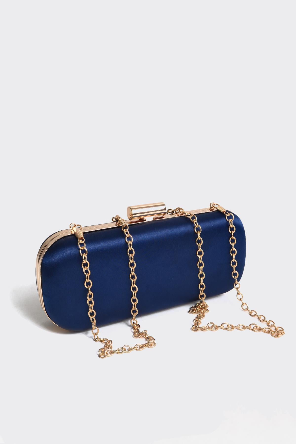 Mavi Saten Gold Kapaklı Clutch Abiye Çanta