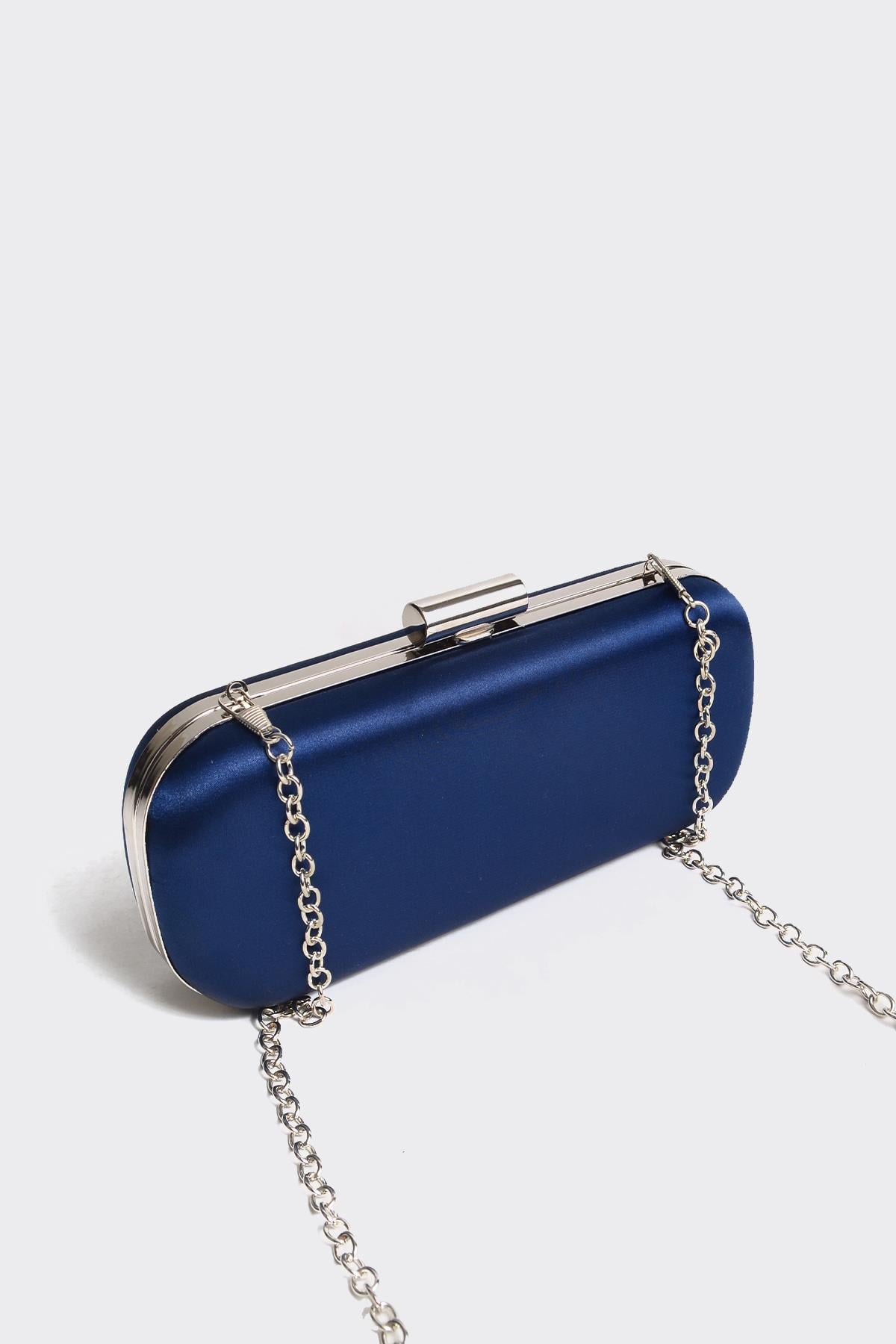 Mavi Saten Gümüş Kapaklı Clutch Abiye Çanta