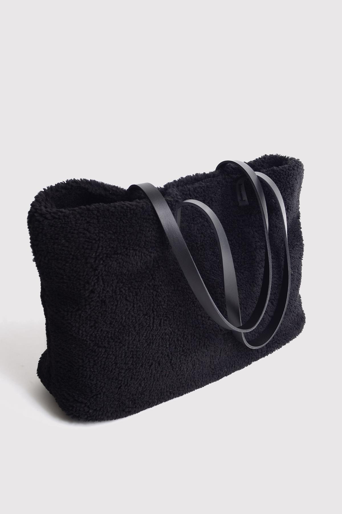 Siyah Deri Saplı Peluş Tote Çanta