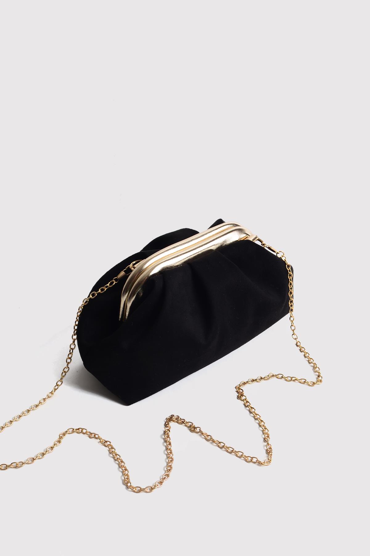 Siyah Gold Kadın Süet Clutch Abiye Çanta