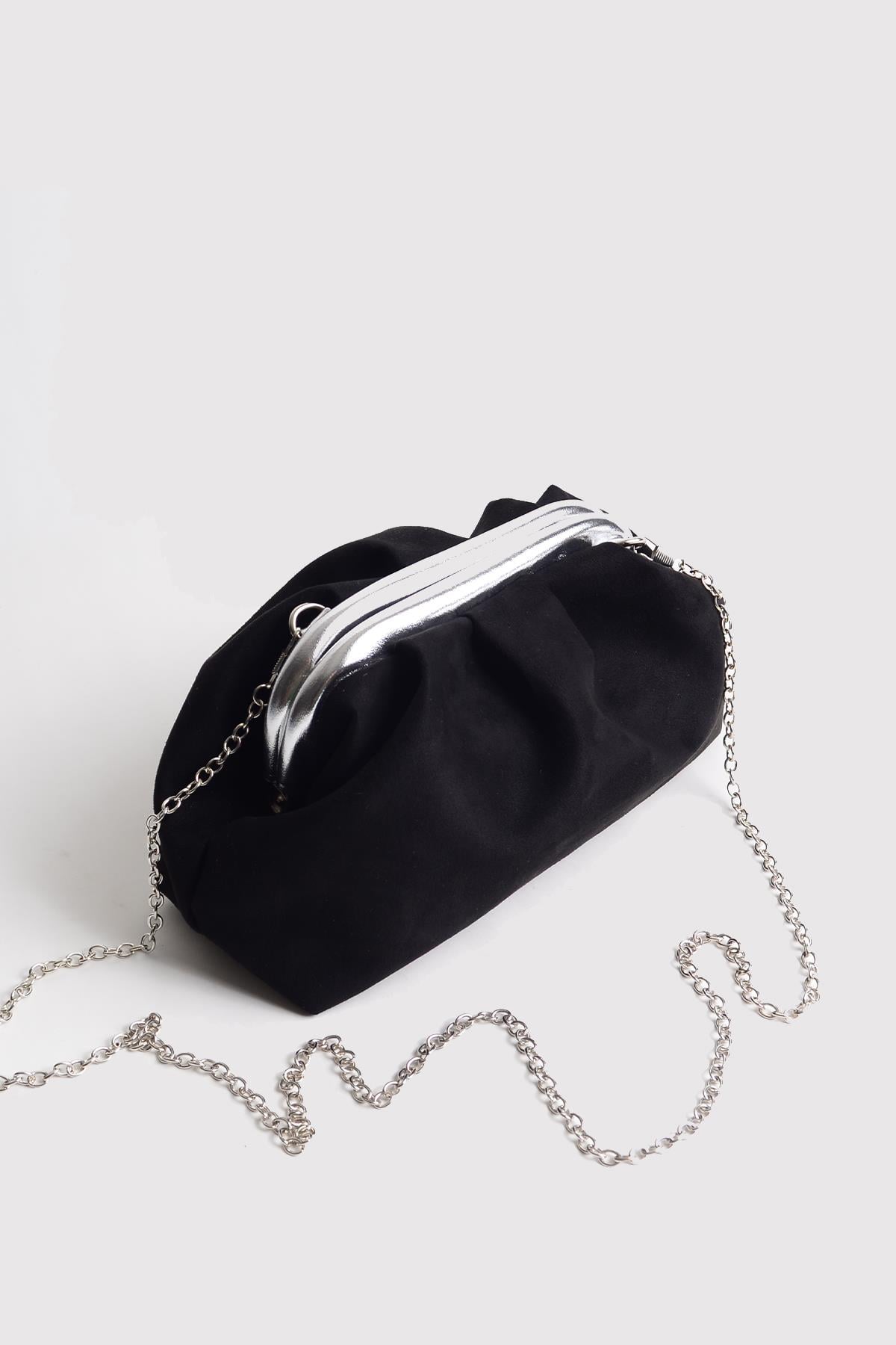 Siyah Gümüş Kadın Süet Clutch Abiye Çanta