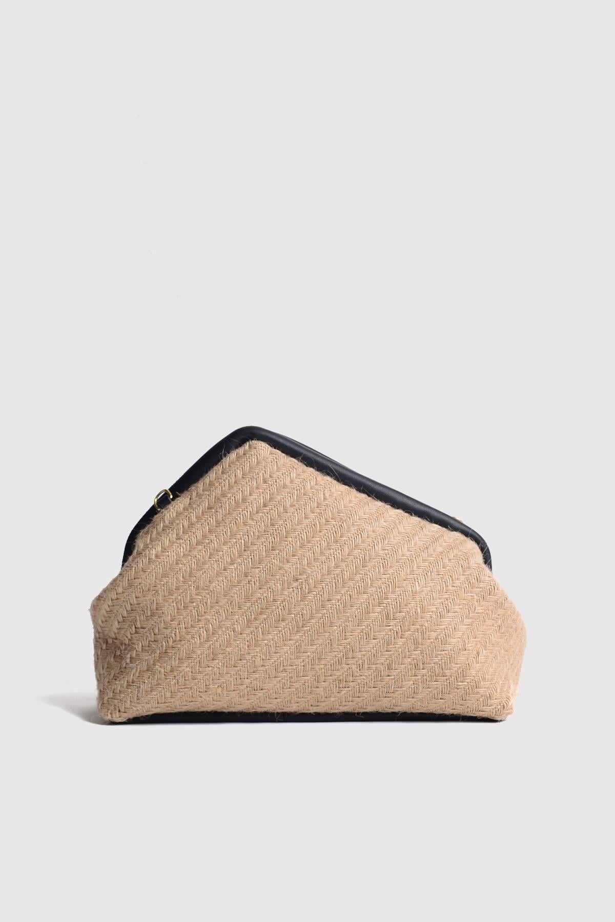 Siyah Kadın Jüt Hasır Clutch Çanta