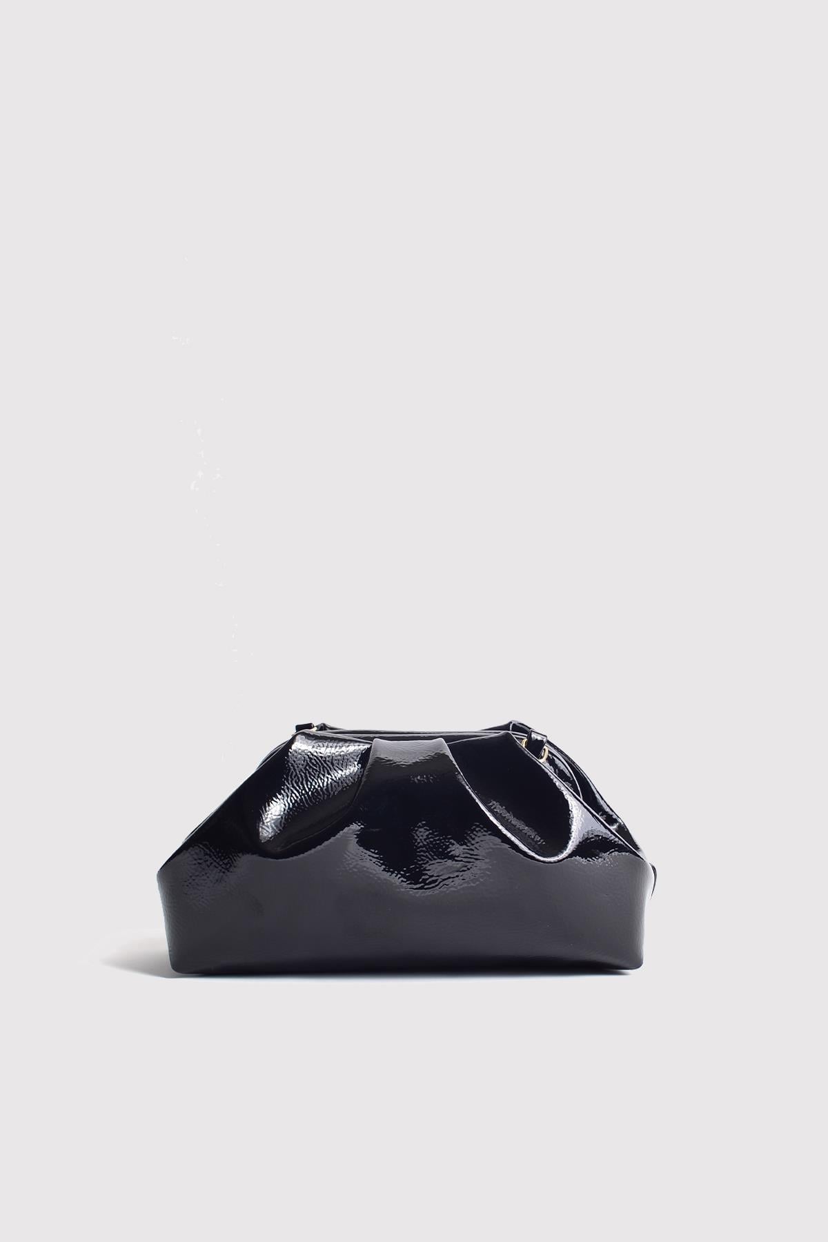 Siyah Kırışık Kadın Rugan Deri Clutch Abiye Çanta