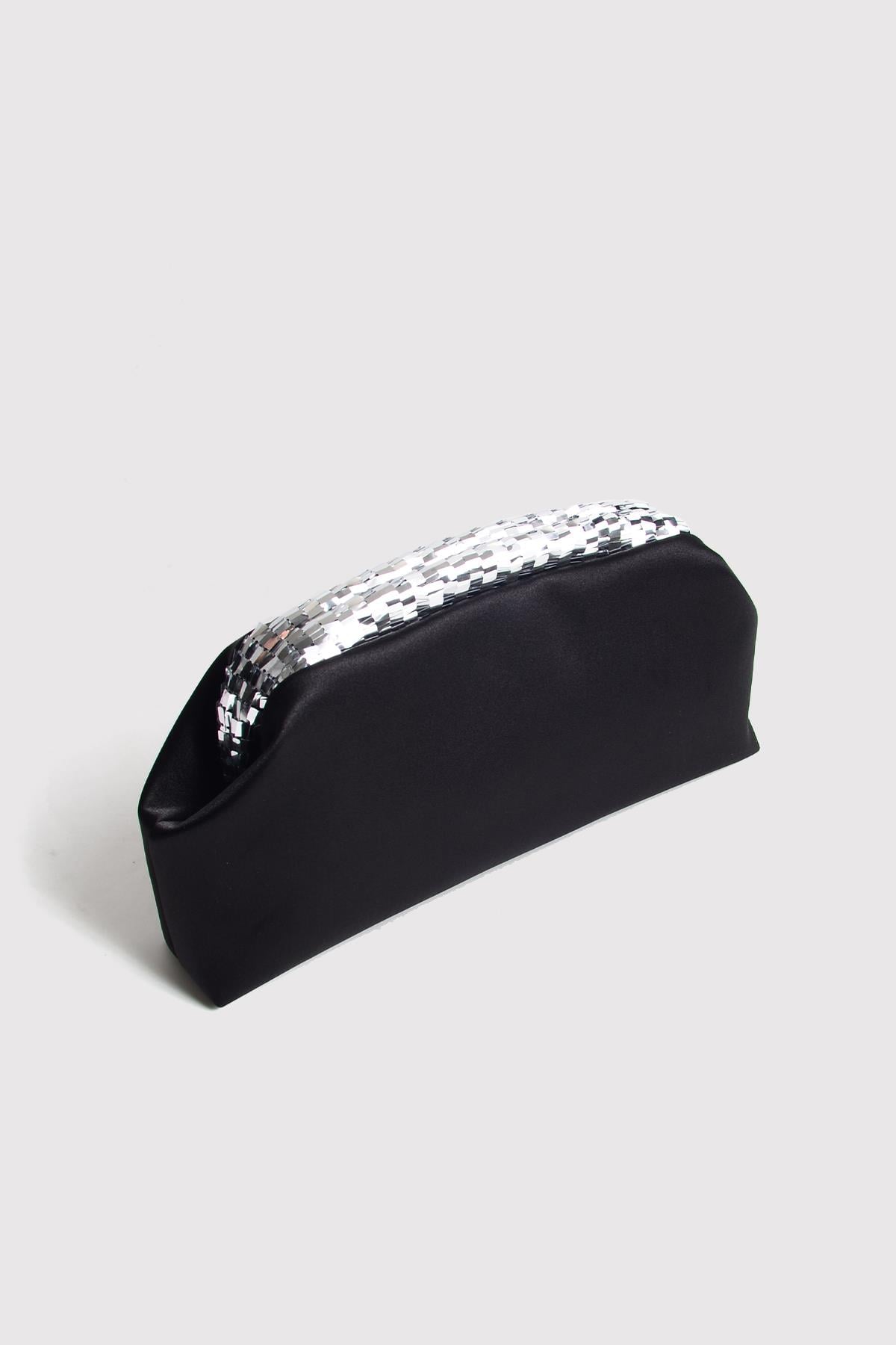 Siyah Saten Gümüş Payet Detaylı Clutch Abiye Çanta