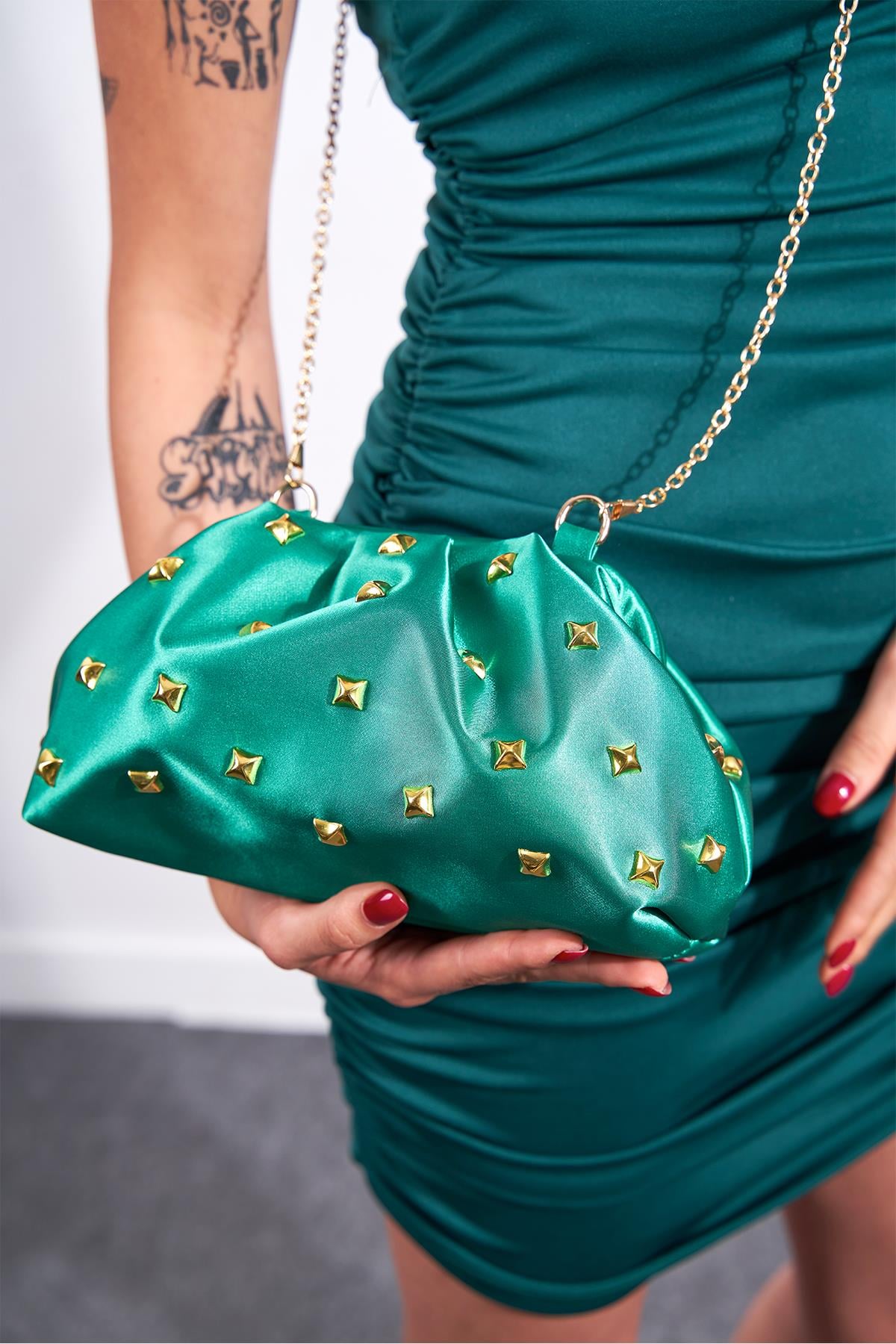 Yeşil Kadın Saten Gold Taşlı Clutch Abiye Çanta