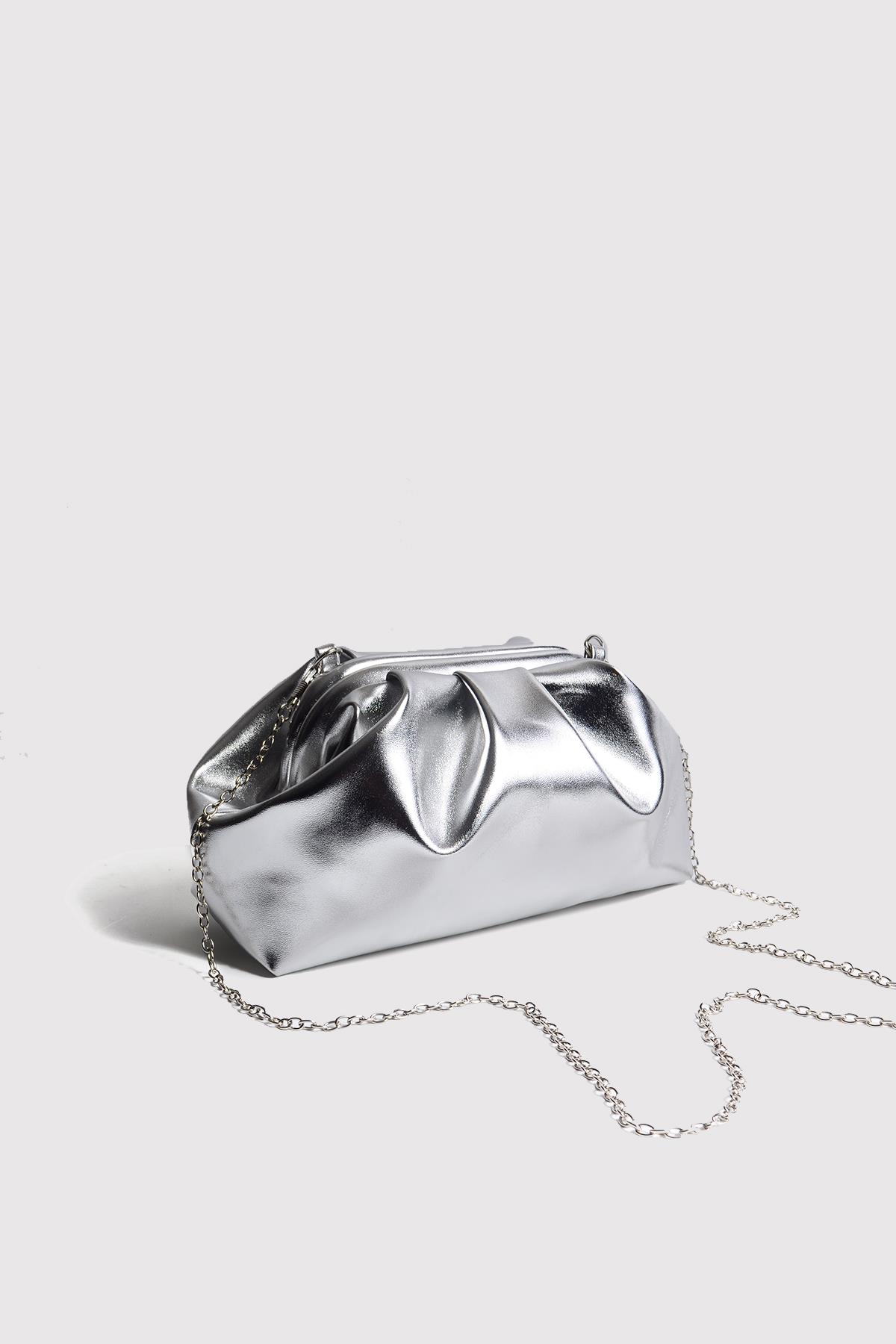 Gümüş Kadın Metalik Deri Clutch Abiye Çanta - Berlesi